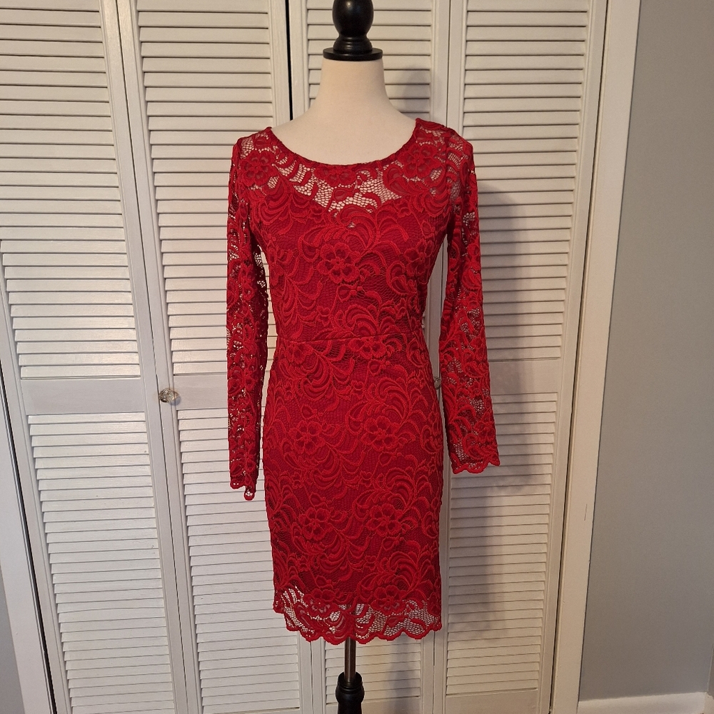 Ambiance red lace stretchy knee length dress sz large *A1 - Picture 4 of 9